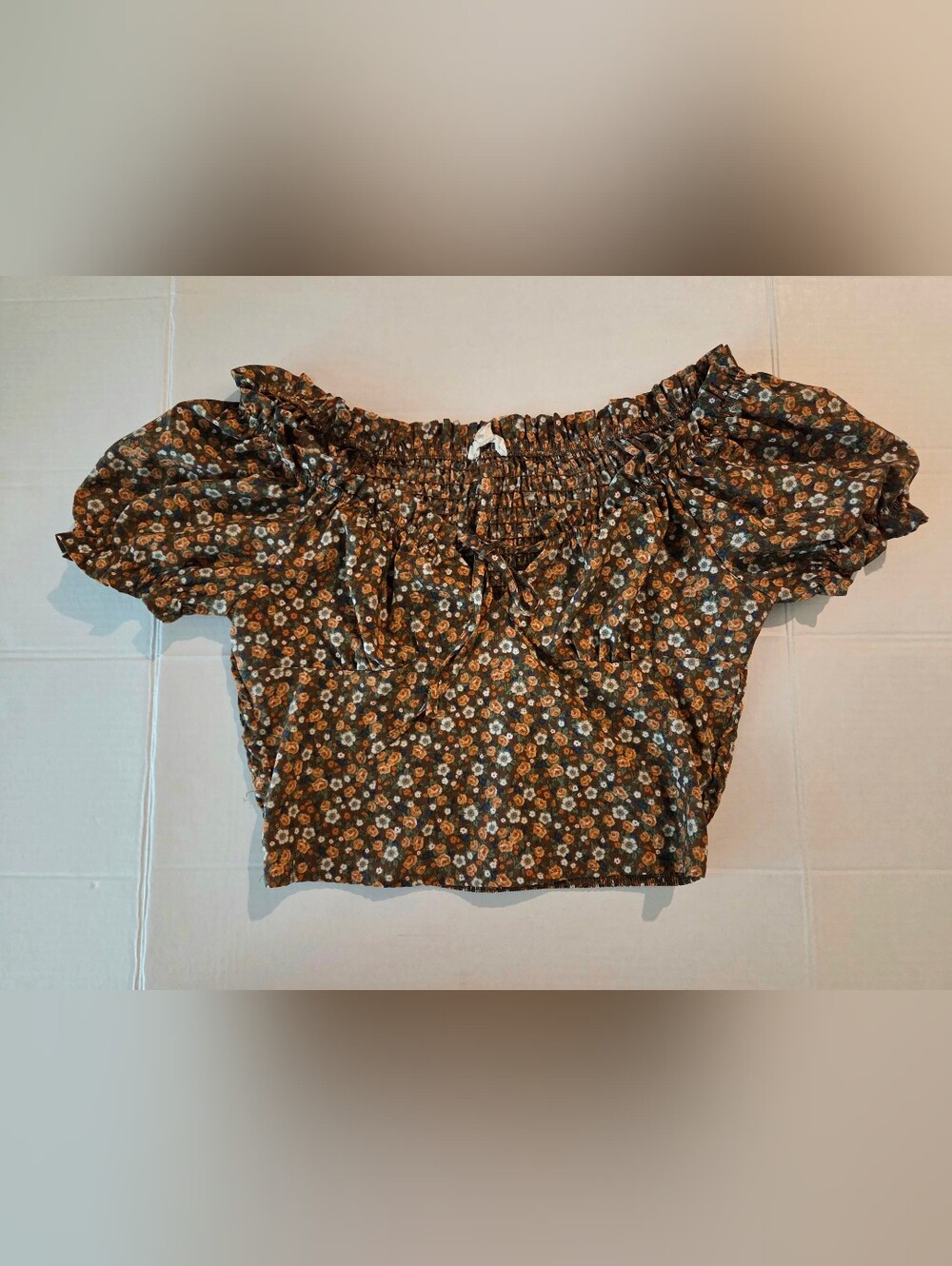 mine Brown Floral Smocked Off-Shoulder Crop Top